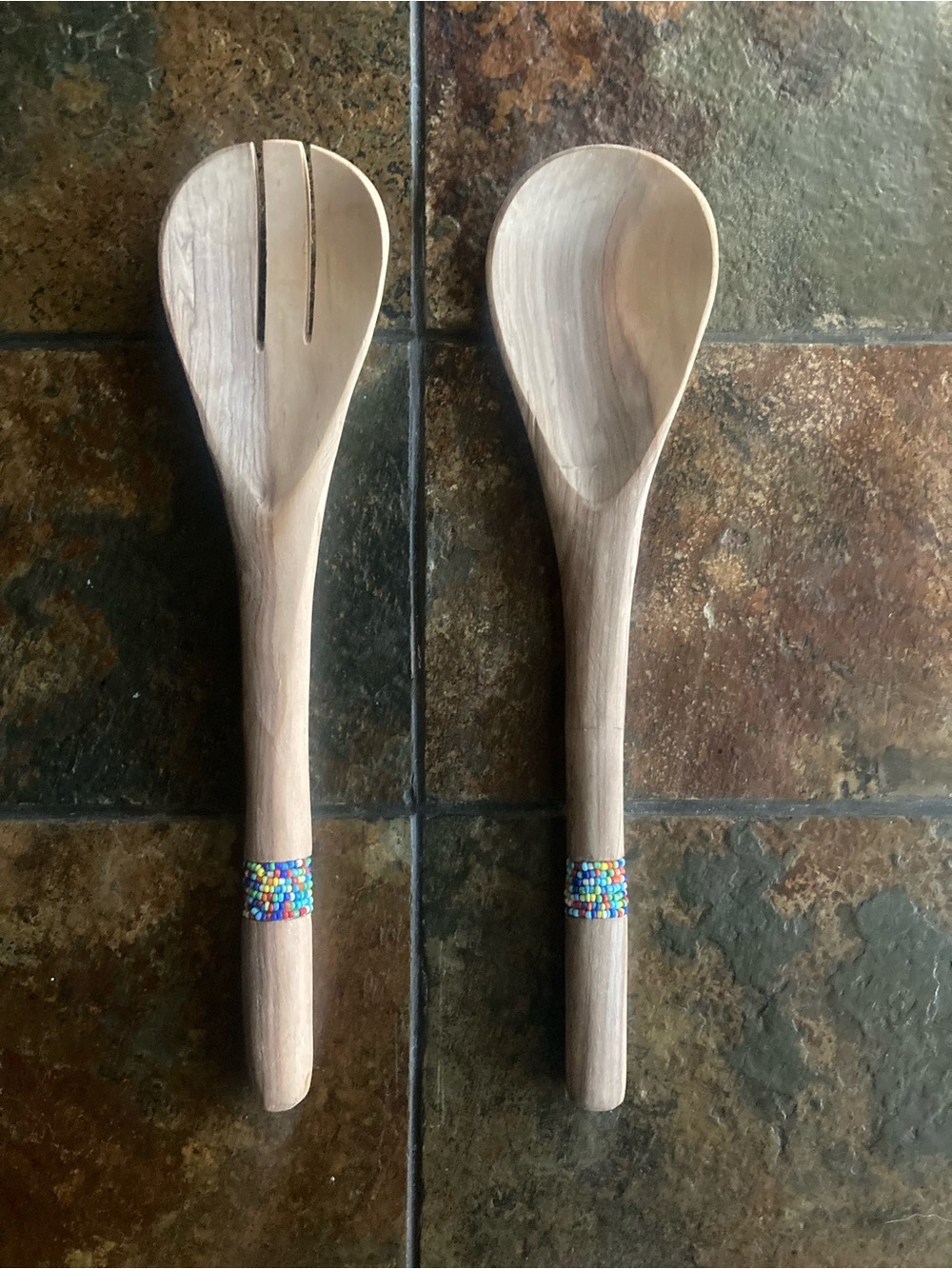 Handmade Beaded Wooden Salad Server Set - Natural Wood - Made in Uganda
